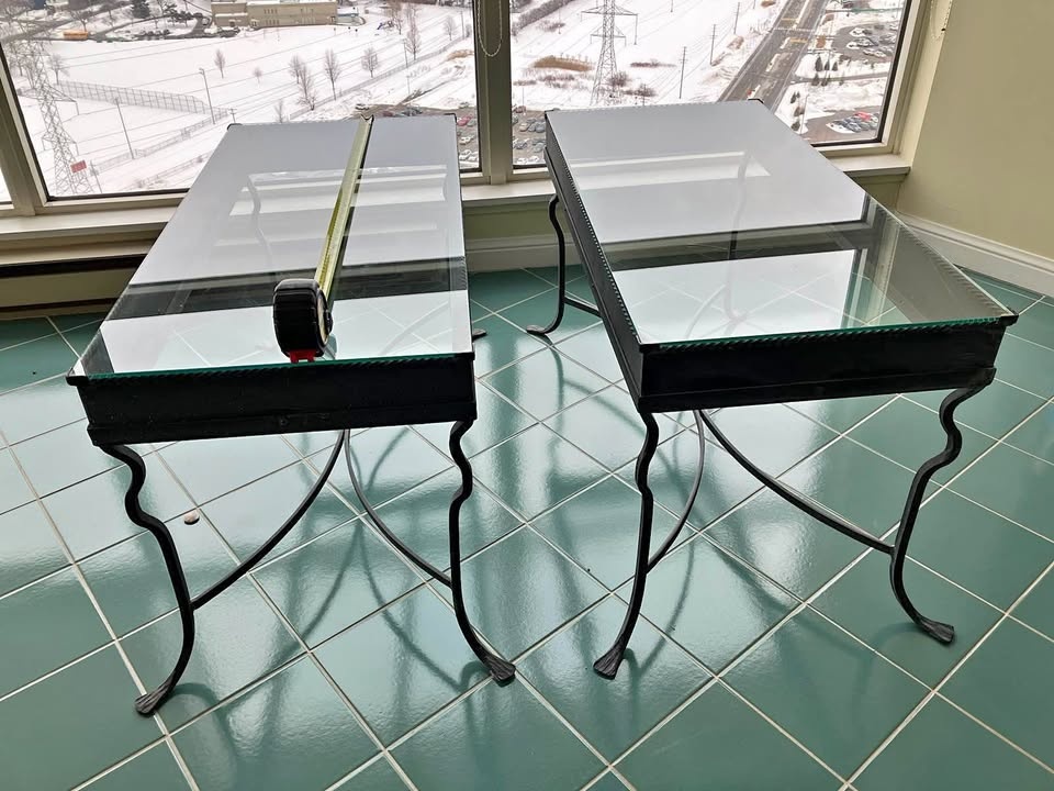 Pair Glass Top Metal Accent Tables