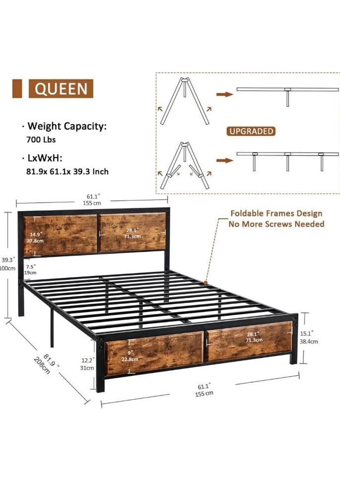 Queen Platform Bed Frame - Rustic Wood Headboard