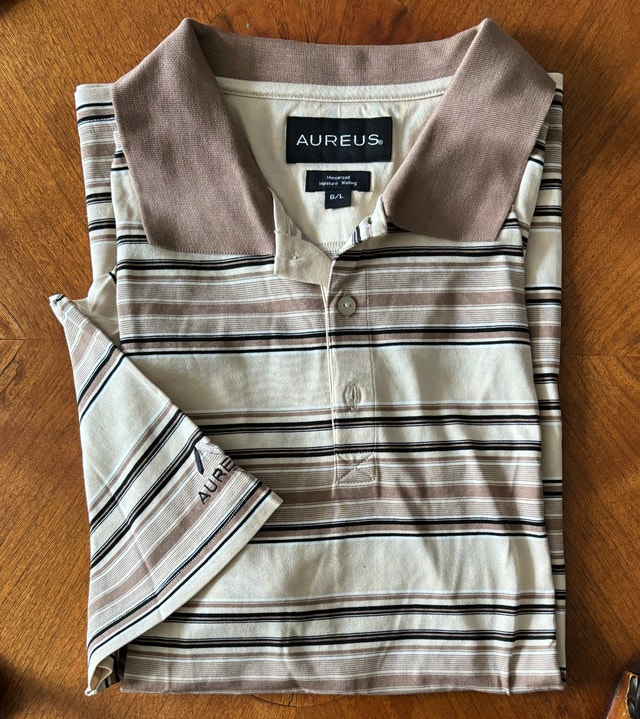 NEW Aureus Tan Stripe Vintage Golf Shirt, Men's L