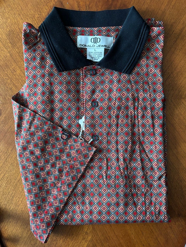 NEW Donald Jewell Maroon/Navy Print Vintage Golf Shirt, Men’s L