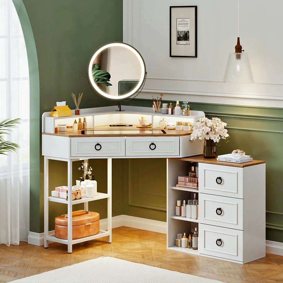 CORNER LED MAKEUP BEDROOM DESK WITH MIRROR - WHITE