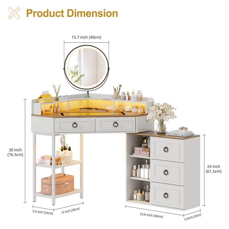 CORNER LED MAKEUP BEDROOM DESK WITH MIRROR - WHITE - photo 2