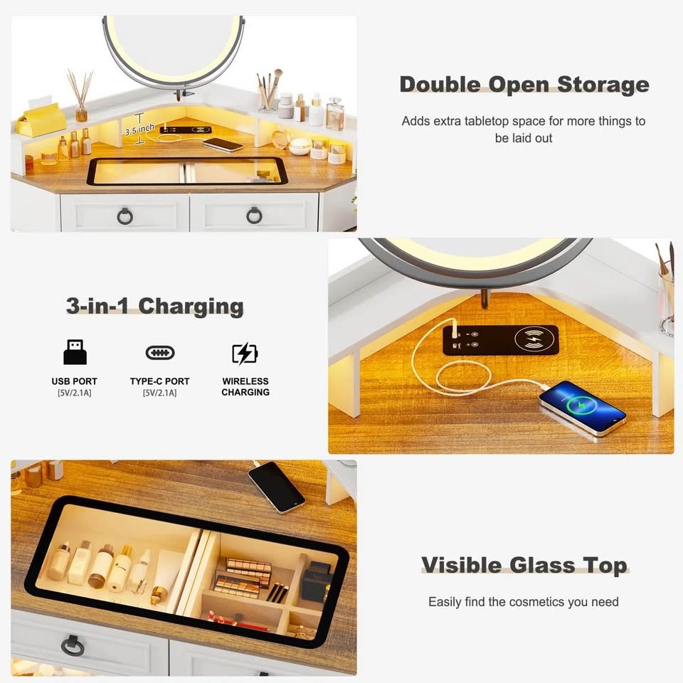 CORNER LED MAKEUP BEDROOM DESK WITH MIRROR - WHITE - photo 3