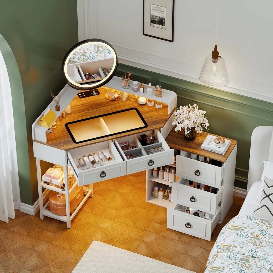 CORNER LED MAKEUP BEDROOM DESK WITH MIRROR - WHITE - photo 5
