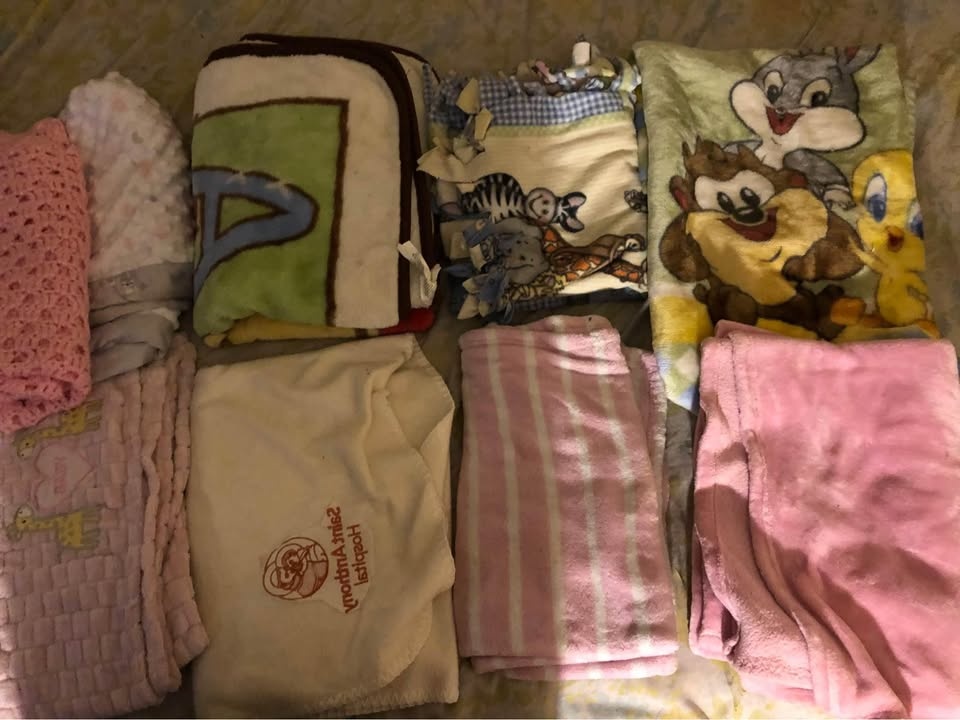 Baby Items: Blankets, Crib Skirt, Size 2 Diapers