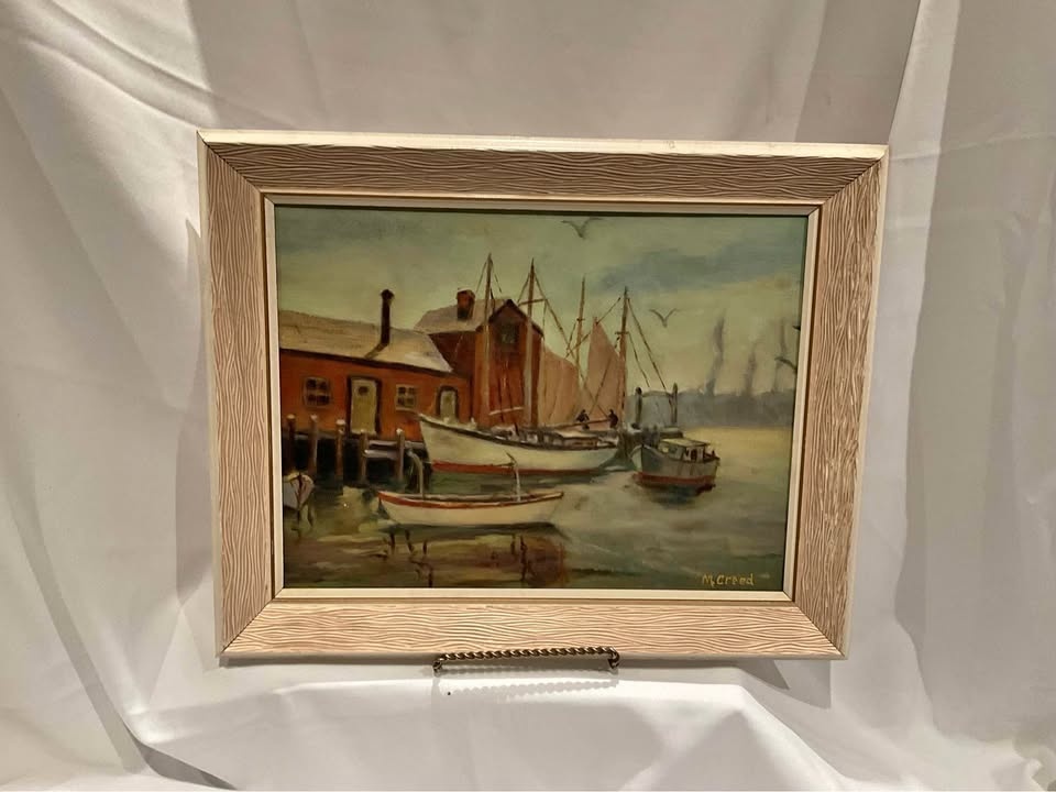 Oil Painting Vintage Original Frame Vistas Of A Harbour M Creed