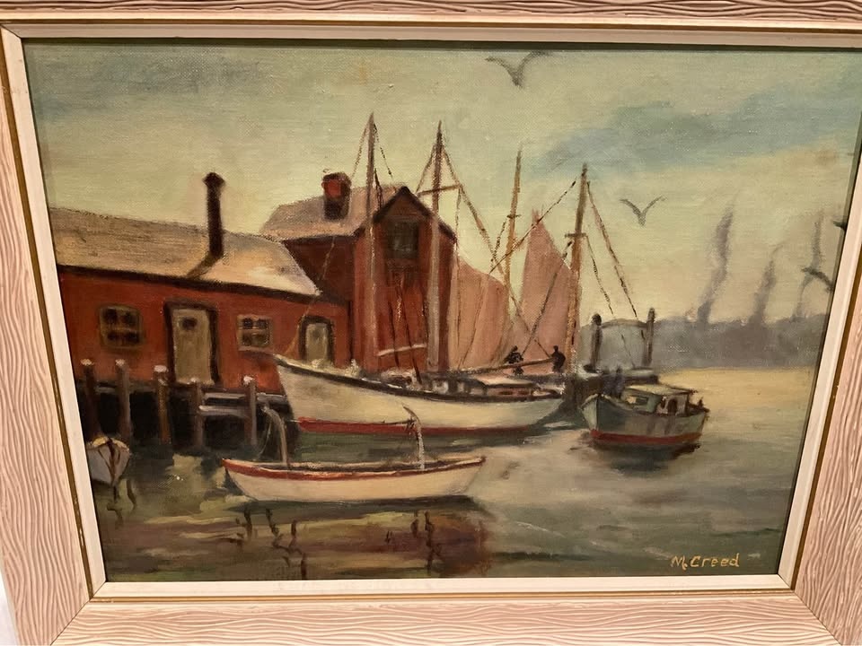 Oil Painting Vintage Original Frame Vistas Of A Harbour M Creed - photo 4