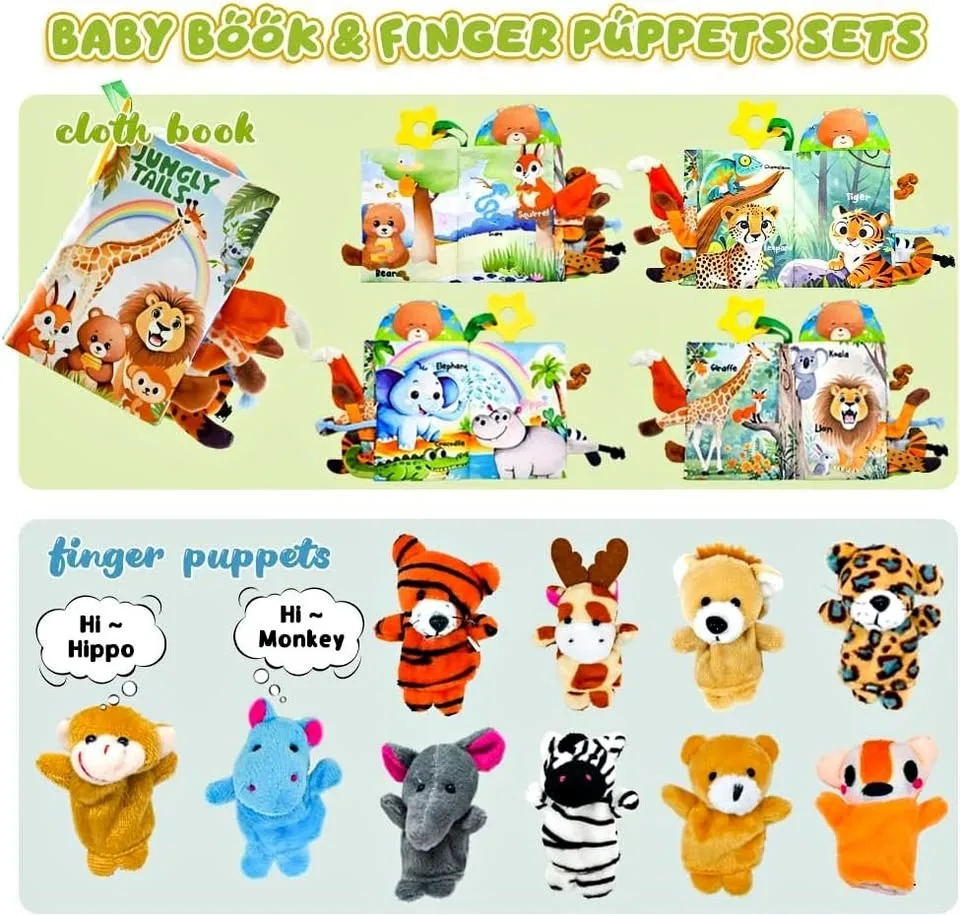 New~Baby Cloth Book W/10 Pcs Animal Finger Puppets thumbnail