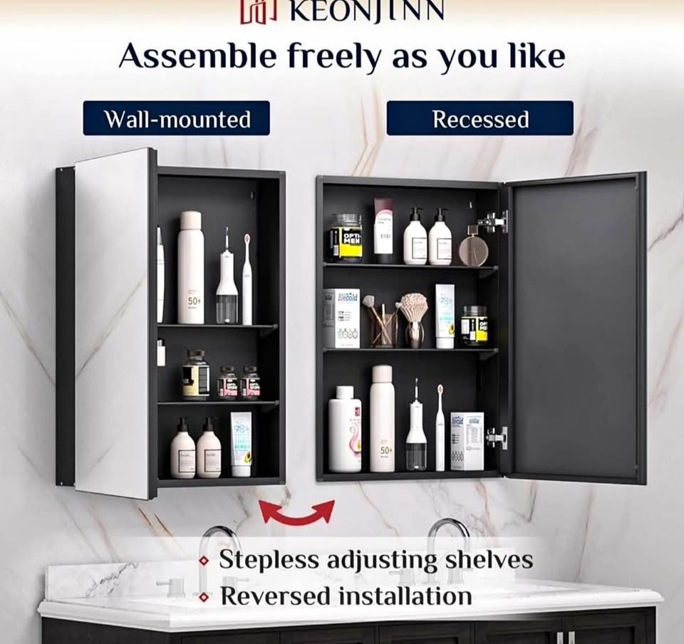 Black Mirrored Bathroom Medicine Cabinet – 76 × 66 cm