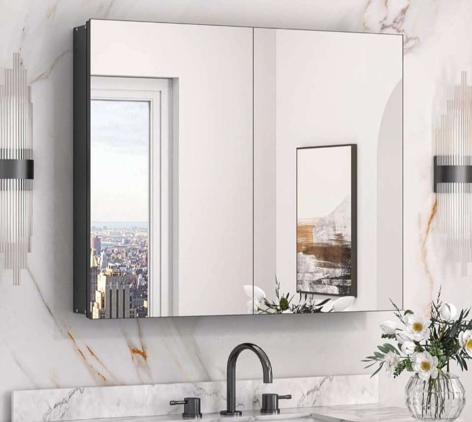 Black Mirrored Bathroom Medicine Cabinet – 76 × 66 cm - photo 5