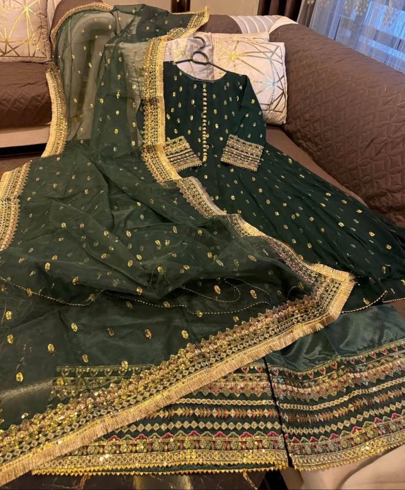 Chiffon Flairy Embroidered Frock w/ Sequence Work Plazo & Organz - photo 3