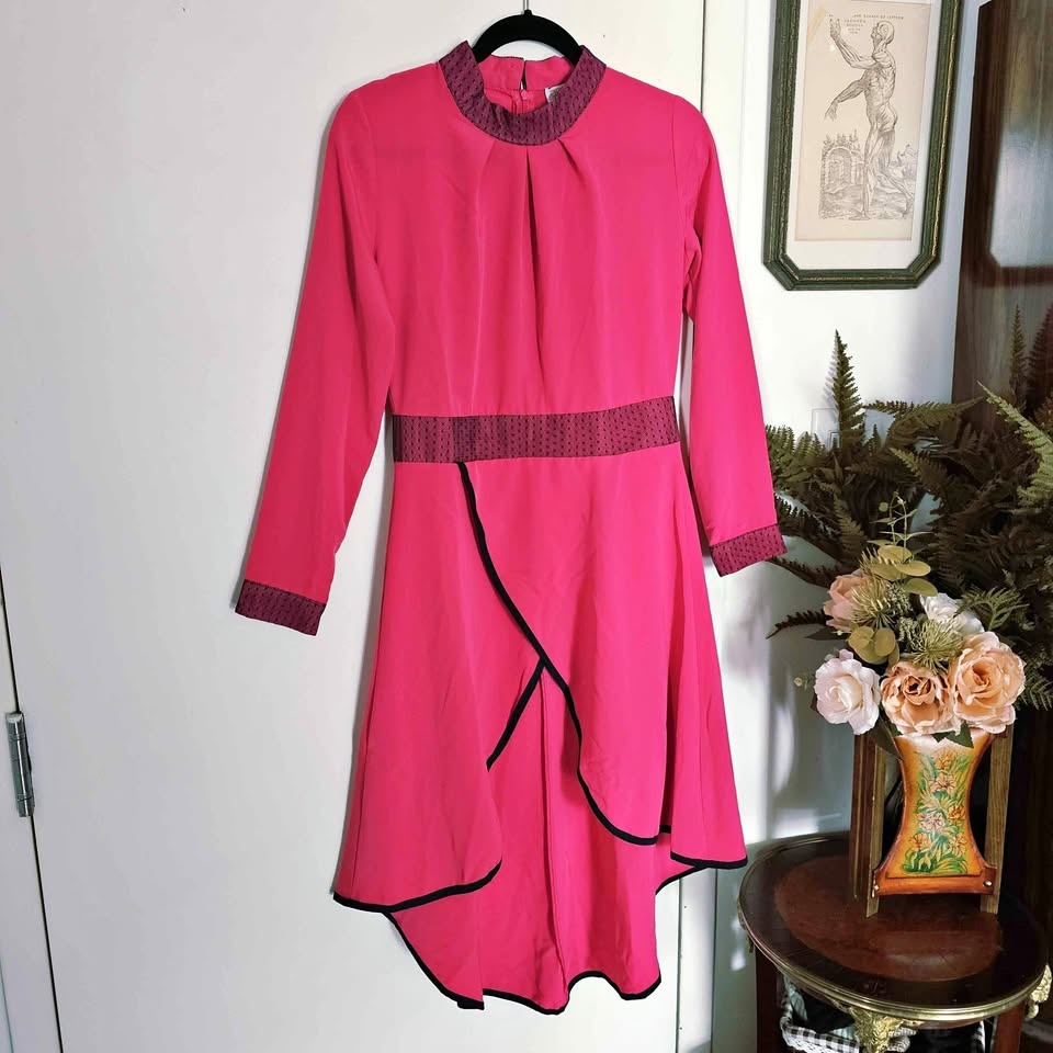 Vintage 80s Fuschia Pink Faux Wrap High Low Dress