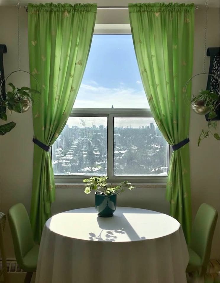 Green butterfly pattern satin curtains - 1 pair