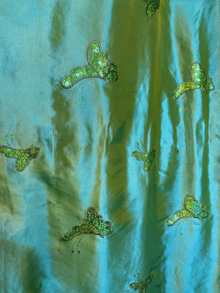Green butterfly pattern satin curtains - 1 pair - photo 2