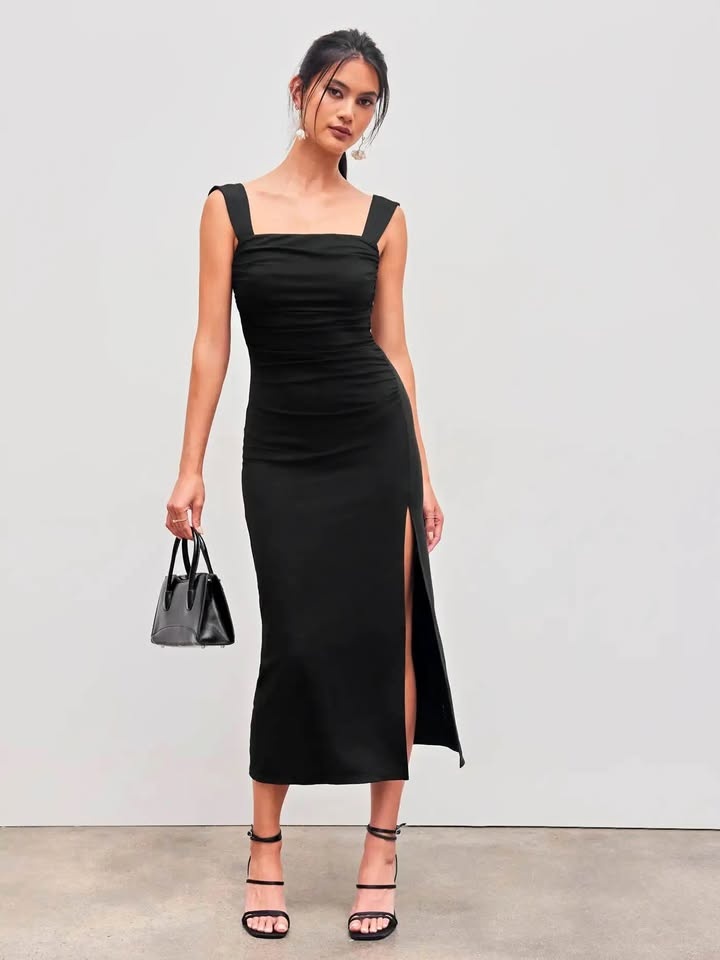 SQUARE NECK RUCHED SPLIT BOWKNOT MAXI DRESS