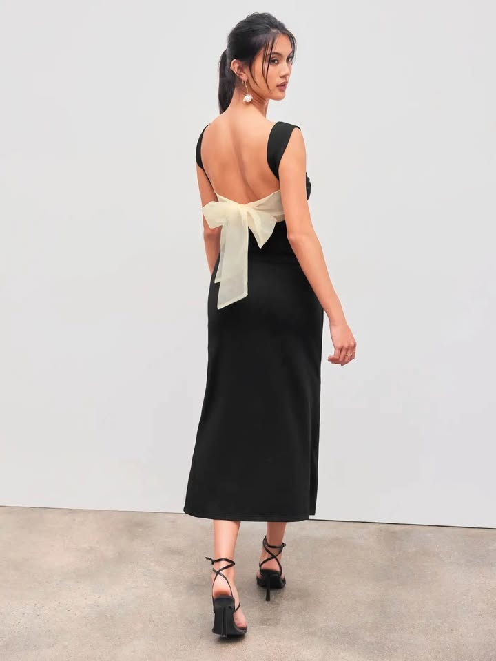 SQUARE NECK RUCHED SPLIT BOWKNOT MAXI DRESS - photo 2