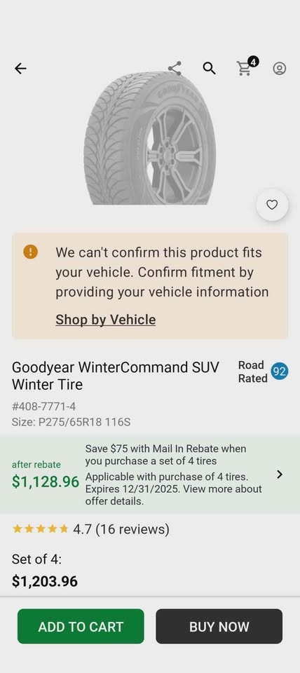 Set of 4 Goodyear Winter Tires - 275/65R18 - photo 4