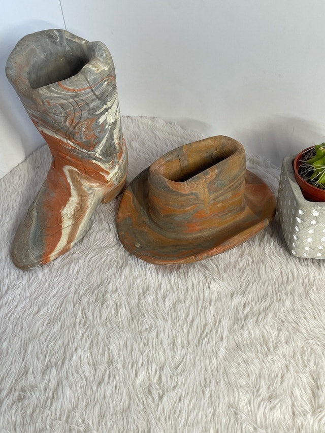 Vintage Clay Cowboy Western Hat Boot Set