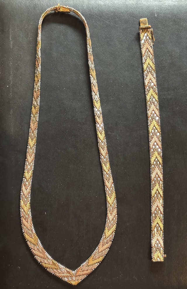 Italian 925 Silver Tri-Colour Necklace Bracelet Set Vintage 1970