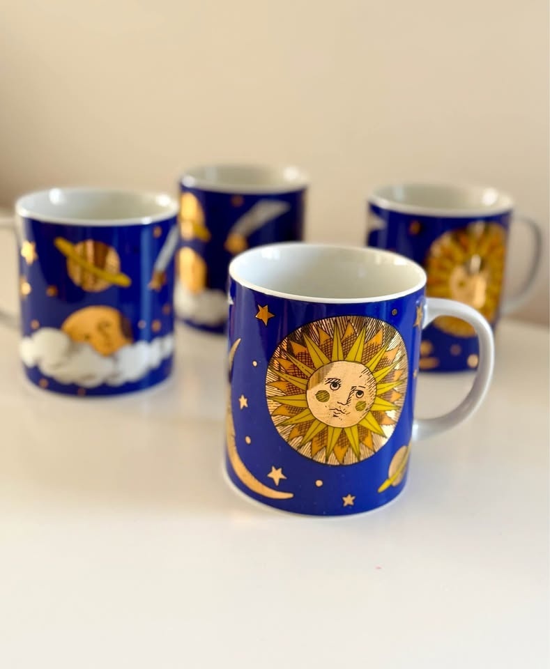 Vintage 1990s Cobalt Blue Sun & Stars Celestial Mug Set