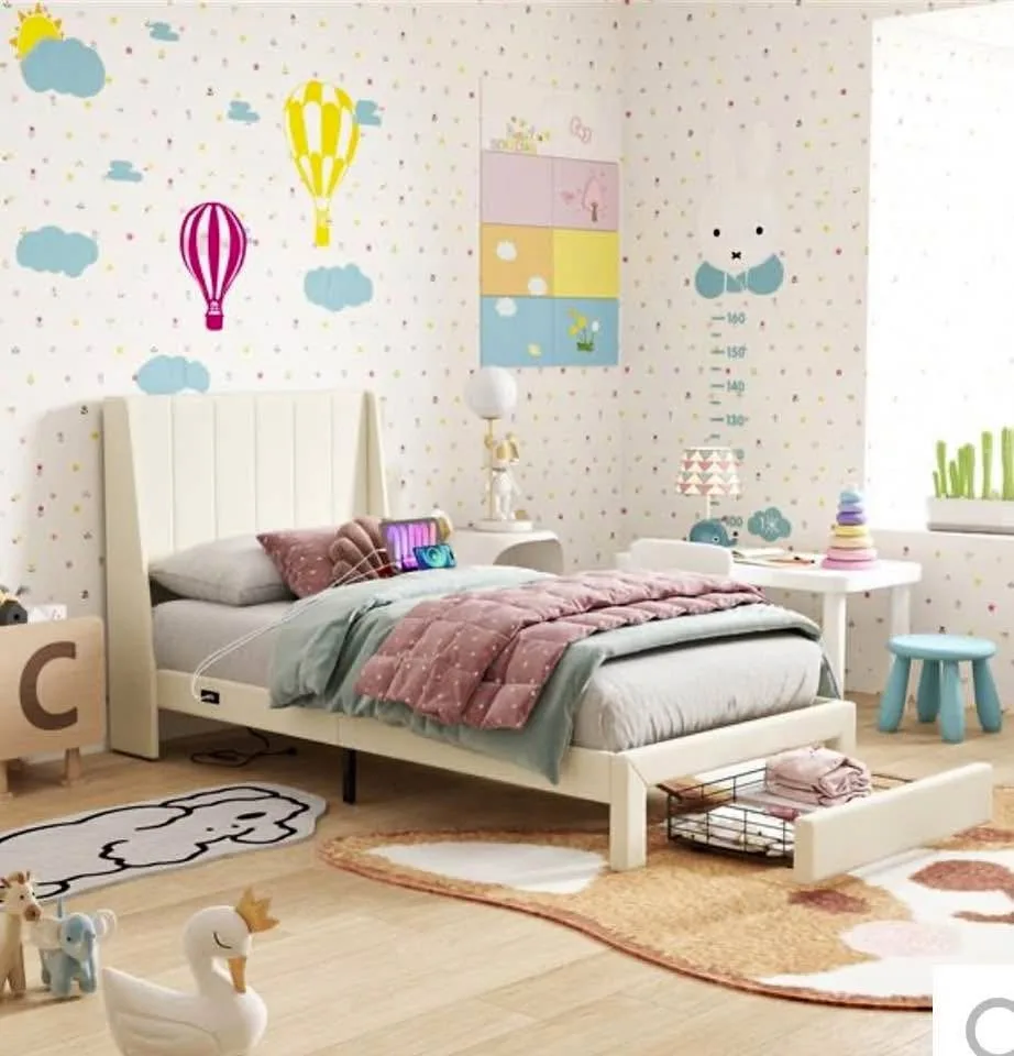 Twin Bed w/ Wingback Headboard, Charging Ports & Drawer thumbnail