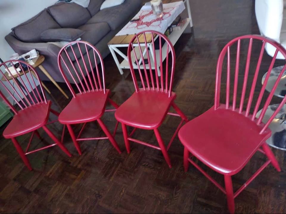 4 red wood chairs