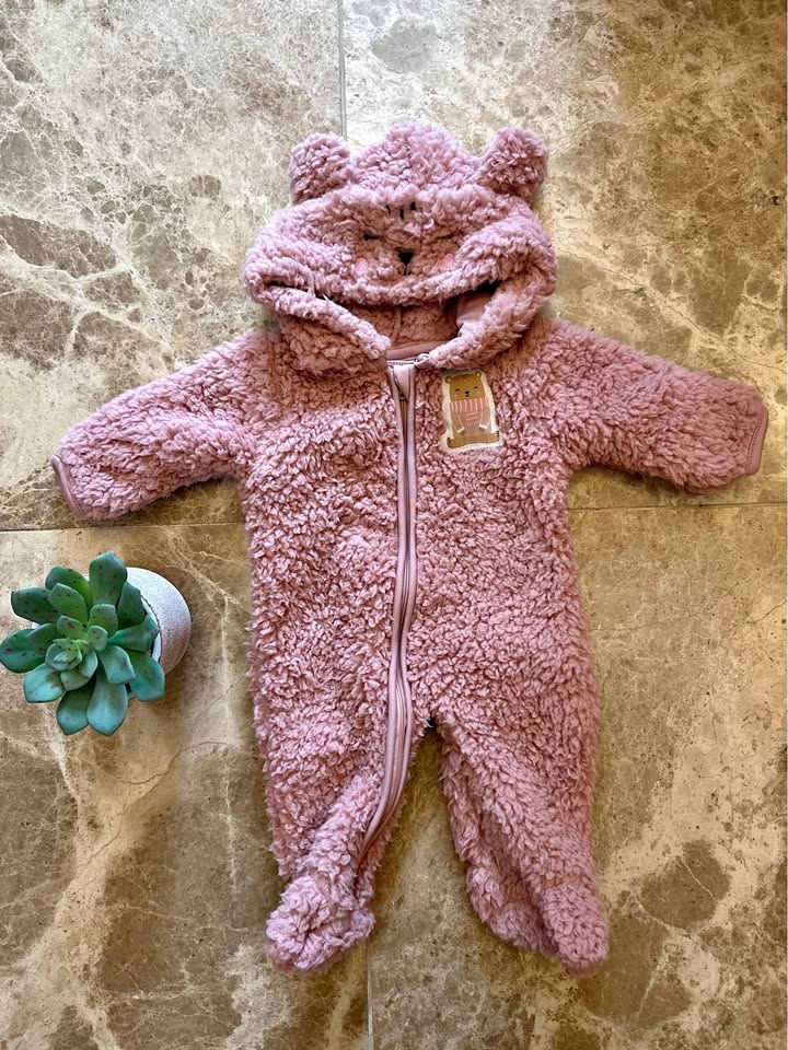 PLBaby Pink Fuzzy Hooded Bear One Piece 0m