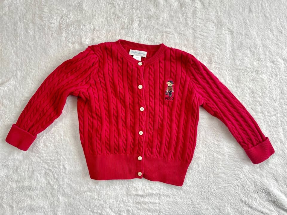 Polo Bear Mini-Cable Cotton Cardigan in Cherry Red