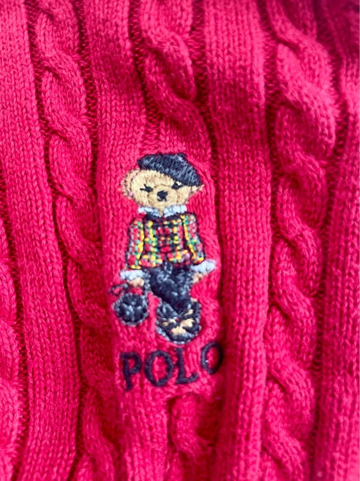 Polo Bear Mini-Cable Cotton Cardigan in Cherry Red - photo 2