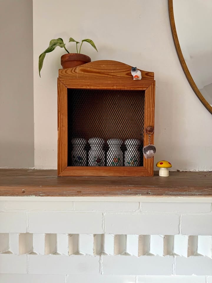 Vintage Rustic Wood & Mesh Spice Cabinet / Curio Box