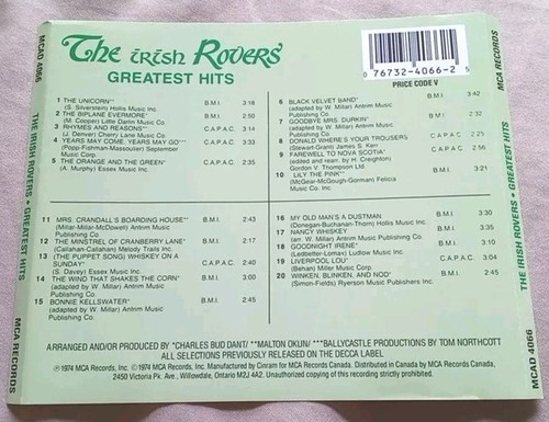 The IRISH ROVERS - Greatest Hits - MCA Canada CD (EX) - photo 2