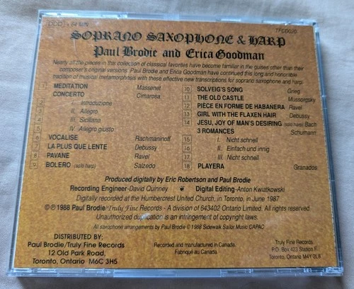 Paul Brodie & Erica Goodman - Soprano Sax & Harp CD (1988) - photo 2