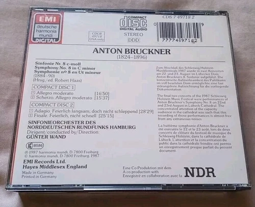 Anton Bruckner Symphony No. 8 Gunter Wand 1987 EMI 2-CD Set - photo 2