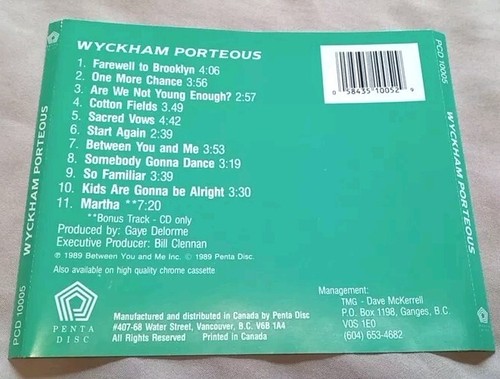 Wyckham Porteous - Self Titled Debut Album - 1989 CD - Very Rare - photo 2