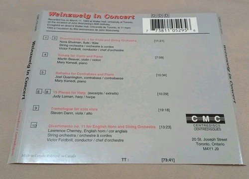 John Weinzweig - Weinzweig In Concert - 1995 CMC CD (EX) - photo 2
