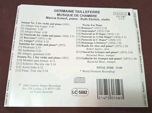 Germaine Tailleferre - Chamber Music - Cambria CD 1994 - photo 2