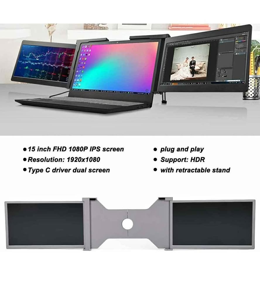 Laptop Screen Extender, Triple Portable Monitor, 15in FHD