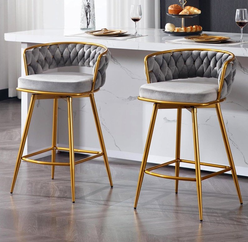Luxury Velvet Counter Bar Stools, 180° Swivel Bar Stools with Go