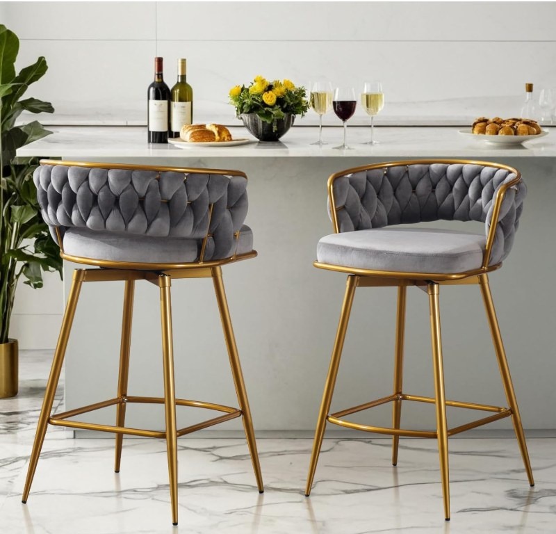 Luxury Velvet Counter Bar Stools, 180° Swivel Bar Stools with Go - photo 2