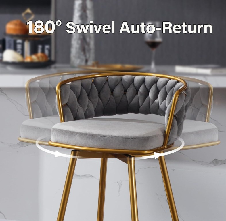 Luxury Velvet Counter Bar Stools, 180° Swivel Bar Stools with Go - photo 3