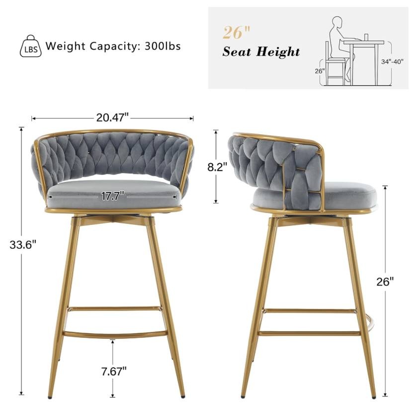 Luxury Velvet Counter Bar Stools, 180° Swivel Bar Stools with Go - photo 4