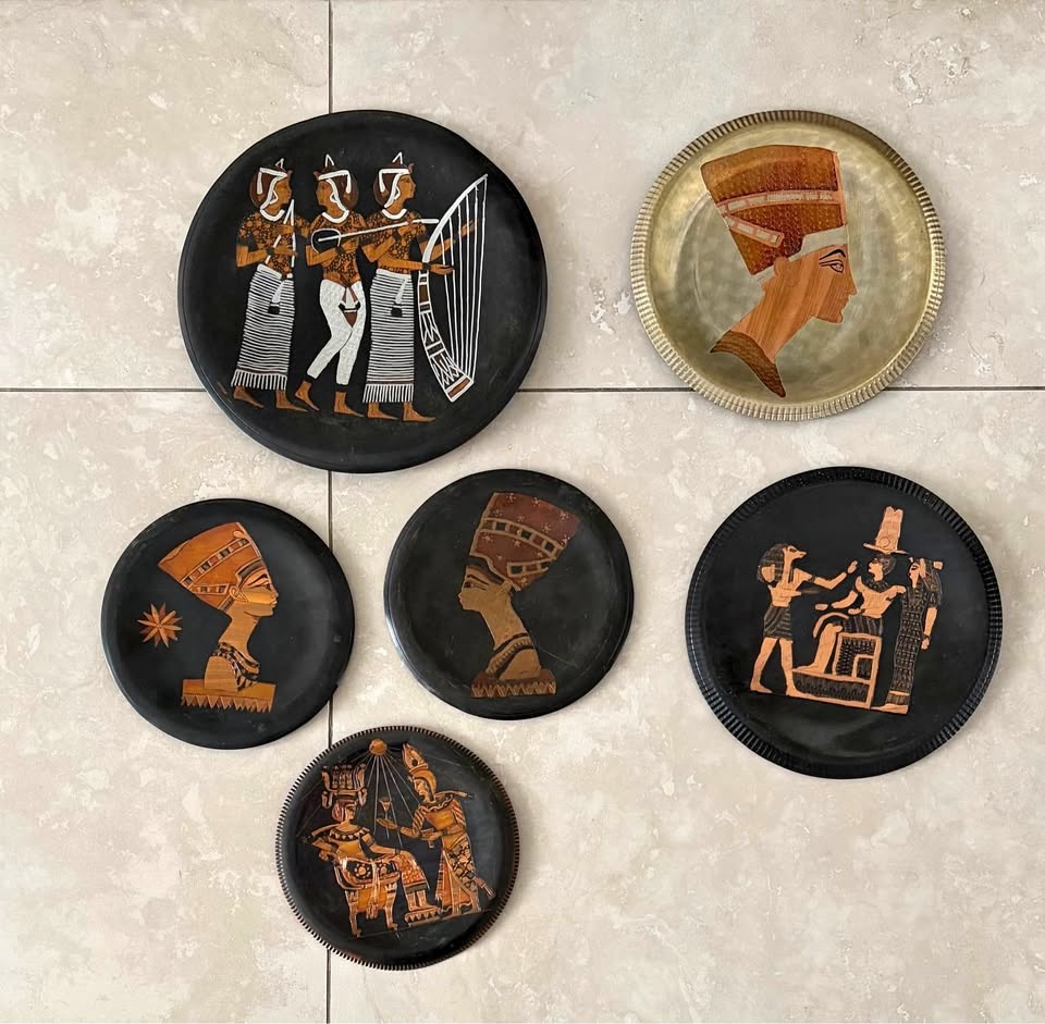 Vintage Egyptian Hieroglyphics Etched Copper Silver Plates