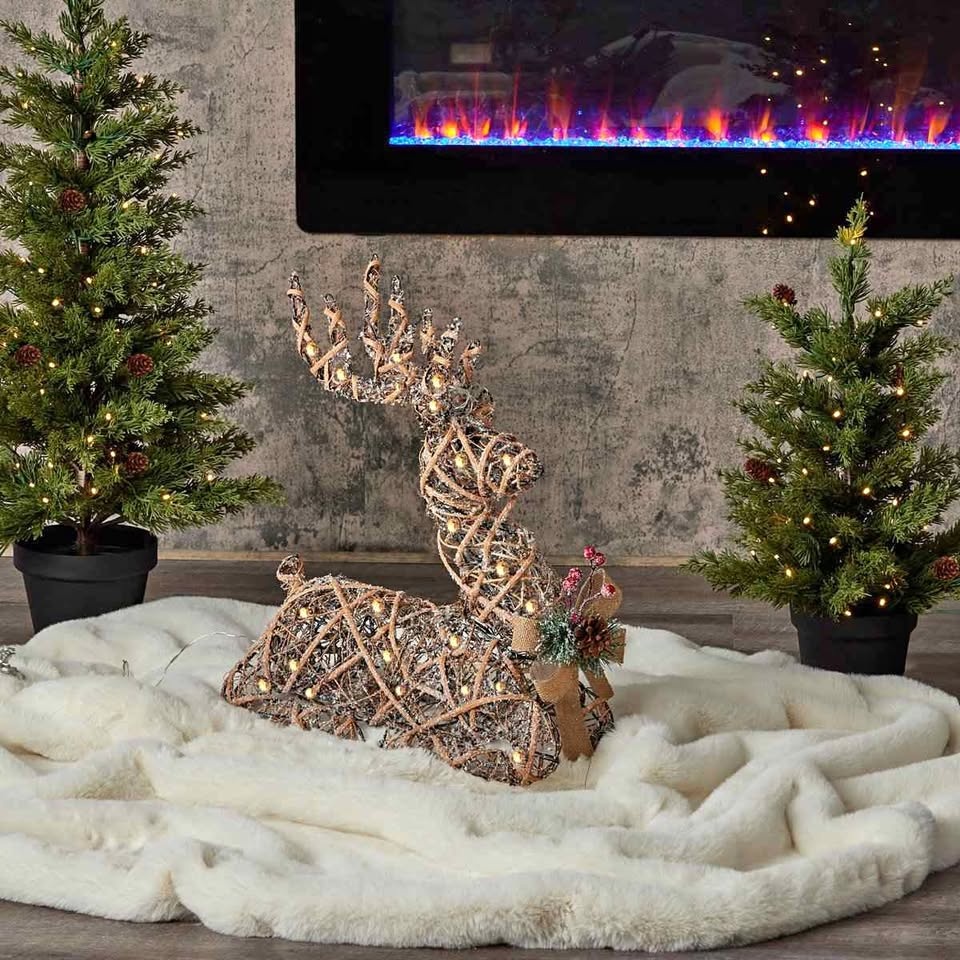 Natural Rattan Reindeer with Warm White LED Lights