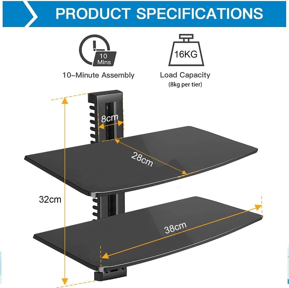 Suptek 2 Shelf Floating Glass TV Shelf - Wall Mount - photo 3