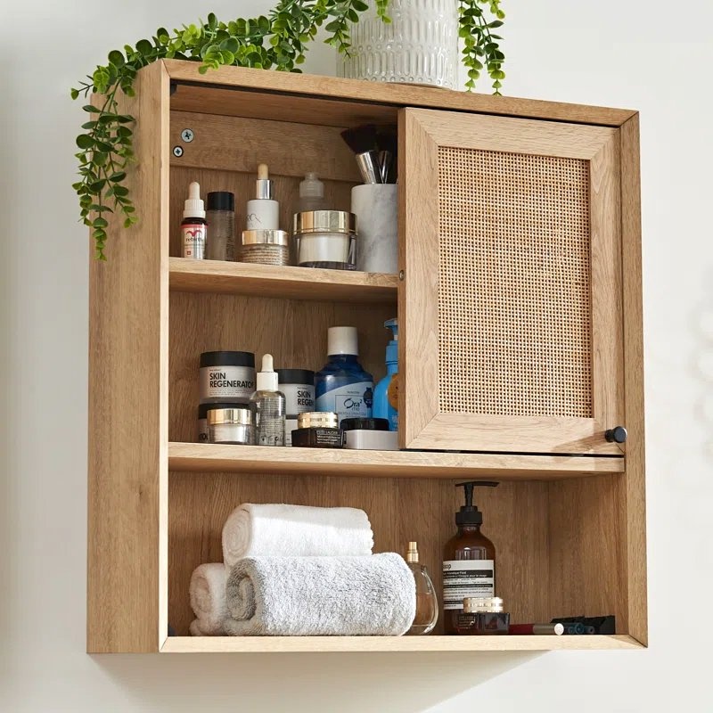 Rattan Wall-Mounted Bathroom Cabinet with Sliding Door