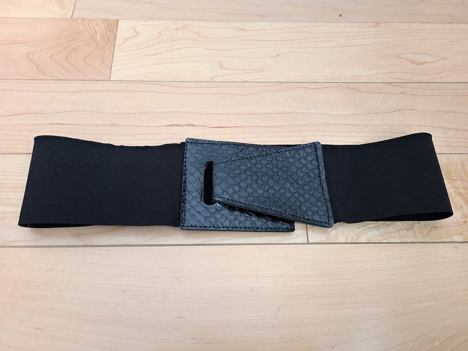 Vintage Black Wide Elastic Belt With Snakeskin Embossed Buckle