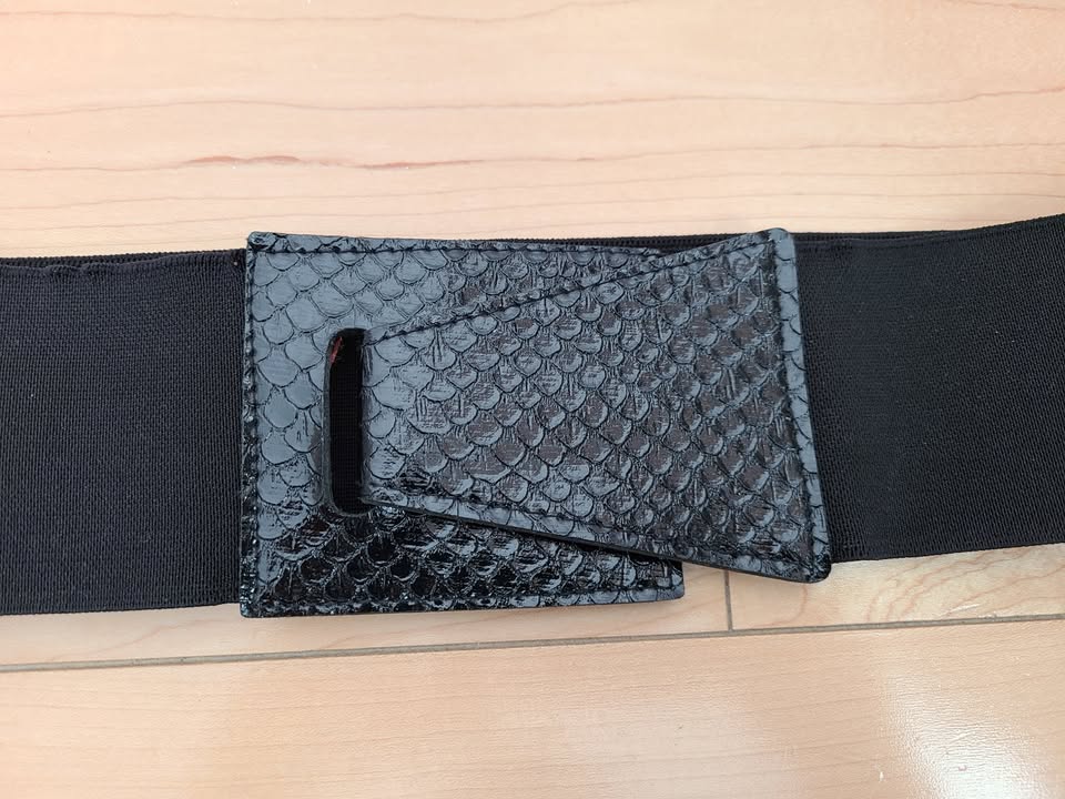 Vintage Black Wide Elastic Belt With Snakeskin Embossed Buckle - photo 2