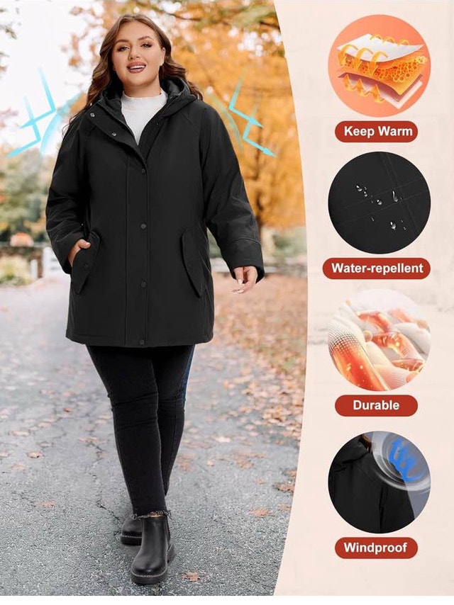 Elegant 2X Womens Softshell Jacket, Warm Coat with Hood