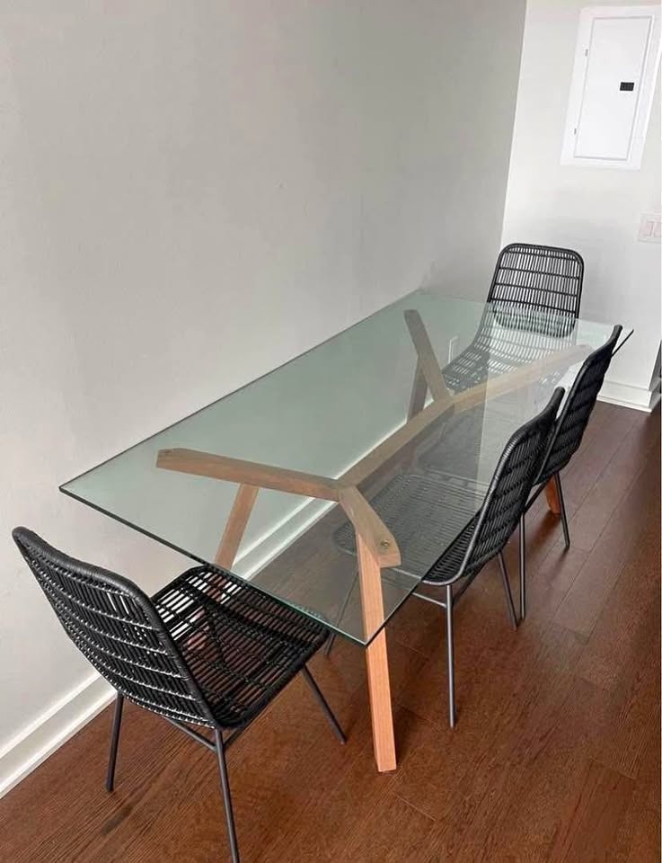 Mid Century Modern Wood Base Glass Top Dining Table