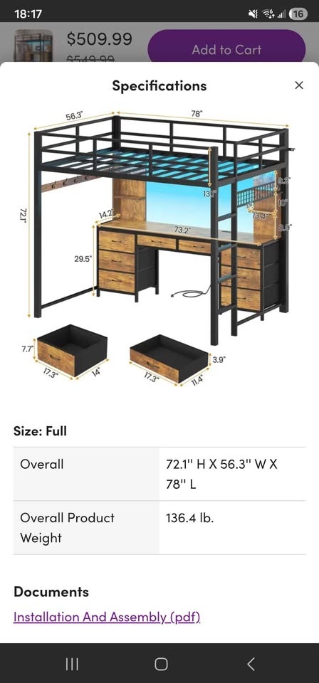 MASON & MARBLES FULL LOFT BED W/DESK & LED - photo 4